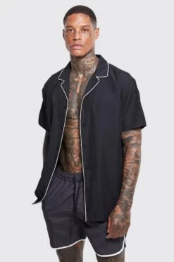 Piping Shirt And Swim Set -Ocean Streetwear male black piping shirt and swim set 1 3