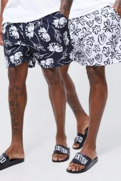 Plus Mid Length 2 Pack Printed Floral Swim Shorts