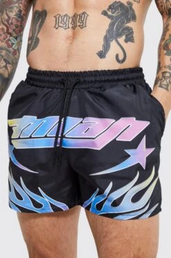Short Length Man Star Swim Shorts -Ocean Streetwear male black short length man star swim shorts 3