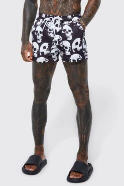 Short Length Skull Print Swim Shorts