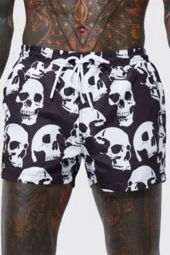 Short Length Skull Print Swim Shorts -Ocean Streetwear male black short length skull print swim shorts 3
