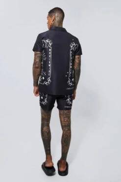Ocean Streetwear -Ocean Streetwear male black short sleeve border pattern shirt and swim short 1 1