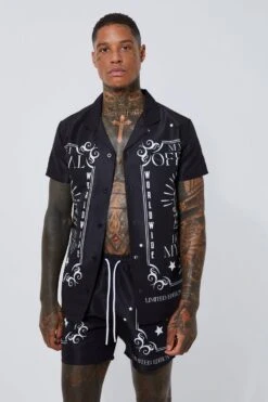 Short Sleeve Border Pattern Shirt And Swim Short -Ocean Streetwear male black short sleeve border pattern shirt and swim short 1 3