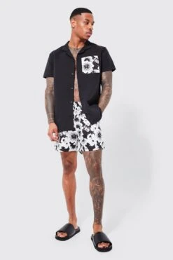 Short Sleeve Floral Pocket Shirt And Swim Set