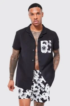 Short Sleeve Floral Pocket Shirt And Swim Set -Ocean Streetwear male black short sleeve floral pocket shirt and swim set 3