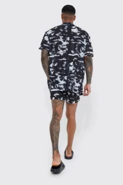 Ocean Streetwear -Ocean Streetwear male black short sleeve oversized poly abstract shirt and swim set 1