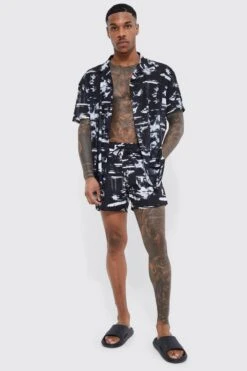 Short Sleeve Oversized Poly Abstract Shirt And Swim Set