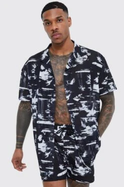 Short Sleeve Oversized Poly Abstract Shirt And Swim Set -Ocean Streetwear male black short sleeve oversized poly abstract shirt and swim set 3