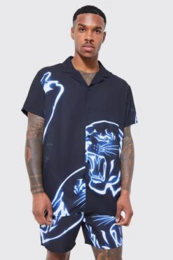 Short Sleeve Oversized Poly Tiger Shirt And Swim Set -Ocean Streetwear male black short sleeve oversized poly tiger shirt and swim set 3