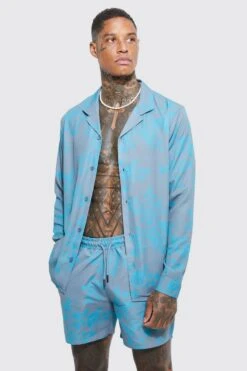 Long Sleeve All Over Floral Shirt & Swim -Ocean Streetwear male blue long sleeve all over floral shirt swim 3