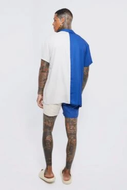 Ocean Streetwear -Ocean Streetwear male blue oversized short sleeve spliced bm shirt and swim set 1