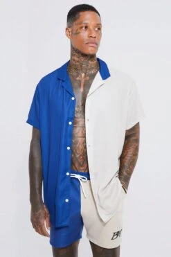 Oversized Short Sleeve Spliced Bm Shirt And Swim Set -Ocean Streetwear male blue oversized short sleeve spliced bm shirt and swim set 3