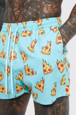 Short Length Novelty Pizza Swim Shorts -Ocean Streetwear male blue short length novelty pizza swim shorts 3