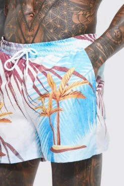 Short Length Palm Swim Shorts 7 Short Length Palm Swim Shorts -Ocean Streetwear male blue short length palm swim shorts 3