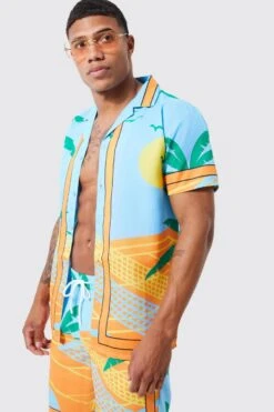 Short Sleeve Revere Boarder Swim Shirt & Short Set -Ocean Streetwear male blue short sleeve revere boarder swim shirt short set 3