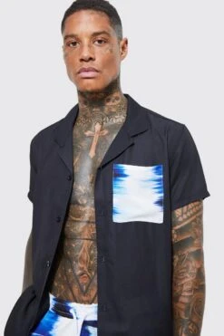 Short Sleeve Tie Dye Pocket Shirt And Swim Set -Ocean Streetwear male blue short sleeve tie dye pocket shirt and swim set 3