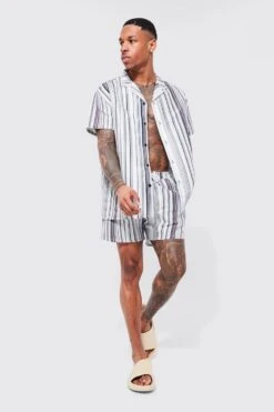 Short Sleeve Multi Stripe Shirt And Swim Set