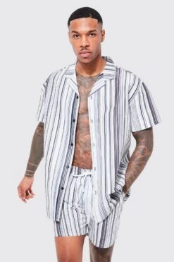 Short Sleeve Multi Stripe Shirt And Swim Set -Ocean Streetwear male brown short sleeve multi stripe shirt and swim set 1 3