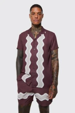 Short Sleeve Swirl Stripe Shirt And Swim Short -Ocean Streetwear male chocolate short sleeve swirl stripe shirt and swim short 1 3