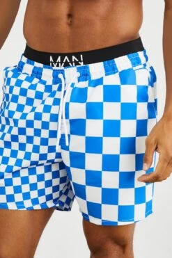Mid Length Checkboard Waistband Swim Shorts -Ocean Streetwear male cobalt mid length checkboard waistband swim shorts 3