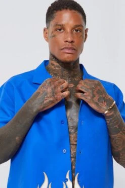 Short Sleeve Flame Hem Shirt And Swim Set -Ocean Streetwear male cobalt short sleeve flame hem shirt and swim set 3