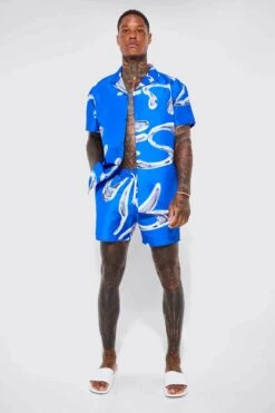 Short Sleeve Metallic Swirl Shirt And Swim Short