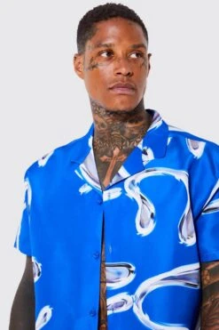 Short Sleeve Metallic Swirl Shirt And Swim Short -Ocean Streetwear male cobalt short sleeve metallic swirl shirt and swim short 1 3