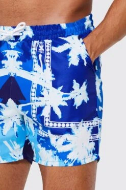Mid Length Landscape Print Swim Shorts 7 Mid Length Landscape Print Swim Shorts -Ocean Streetwear male dark20blue mid length landscape print swim shorts 3