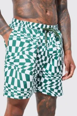 Warped Check Mid Length Swim -Ocean Streetwear male dark20green warped check mid length swim 3