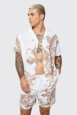 Short Sleeve Oversized Dragon Placement Shirt & Swim -Ocean Streetwear male ecru short sleeve oversized dragon placement shirt swim 3