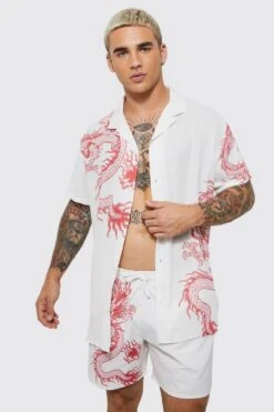 Short Sleeve Oversized Dragon Shirt And Swim -Ocean Streetwear male ecru short sleeve oversized dragon shirt and swim 3