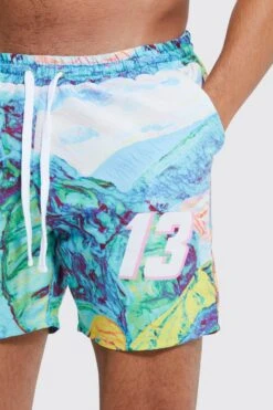 Mid Length Landscape Swim Shorts -Ocean Streetwear male green mid length landscape swim shorts 3