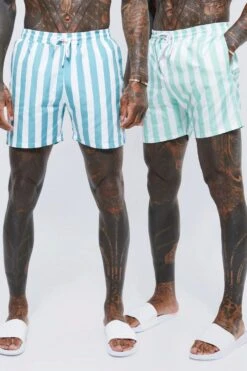 Mid Length Striped 2 Pack Swim Shorts