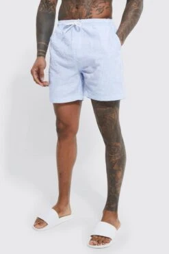 Mid Length Seersucker Stripe Swim Shorts