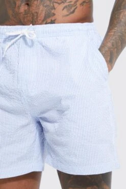 Mid Length Seersucker Stripe Swim Shorts -Ocean Streetwear male light20blue mid length seersucker stripe swim shorts 3