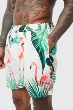 Mid Length Novelty Flamingo Swim Shorts -Ocean Streetwear male light20green mid length novelty flamingo swim shorts 3