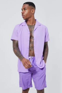 Short Sleeve Revere Plain Shirt & Short Swim Set -Ocean Streetwear male lilac short sleeve revere plain shirt short swim set 1 3