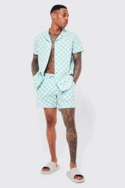 Short Sleeve Checkerboard Shirt And Swim Set