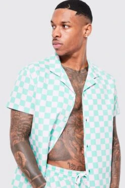 Short Sleeve Checkerboard Shirt And Swim Set -Ocean Streetwear male mint short sleeve checkerboard shirt and swim set 3