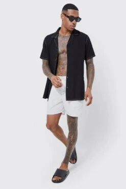Short Sleeve Contrast Stitch Revere Shirt & Swim Short Set