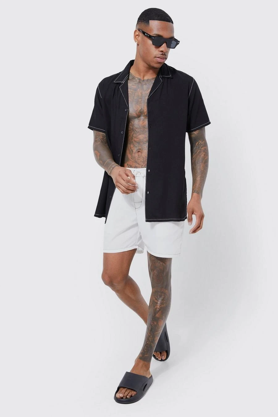 Short Sleeve Contrast Stitch Revere Shirt & Swim Short Set 1 Short Sleeve Contrast Stitch Revere Shirt & Swim Short Set