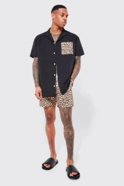 Short Sleeve Leopard Pocket Shirt And Swim Set