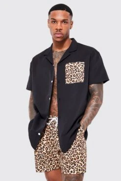 Short Sleeve Leopard Pocket Shirt And Swim Set -Ocean Streetwear male multi short sleeve leopard pocket shirt and swim set 3