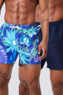 Mid Length 2 Pack Print & Plain Swim Shorts
