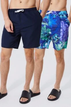 Tall Mid Length 2 Pack Print & Plain Swim Shorts