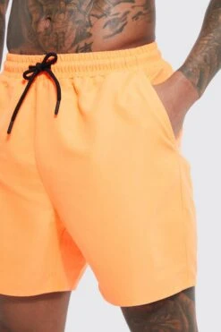 Mid Length Plain Swim Shorts -Ocean Streetwear male neon orange mid length plain swim shorts 3