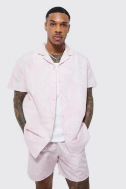 Short Sleeve Pastel Bandana Shirt And Swim Short -Ocean Streetwear male pale20pink short sleeve pastel bandana shirt and swim short 1 3