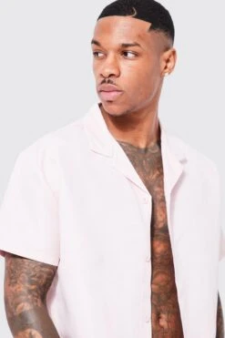 Short Sleeve Piping Shirt And Swim Set -Ocean Streetwear male pale20pink short sleeve piping shirt and swim set 1 3