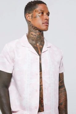 Short Sleeve Plate Pattern Shirt And Swim Short -Ocean Streetwear male pale20pink short sleeve plate pattern shirt and swim short 3