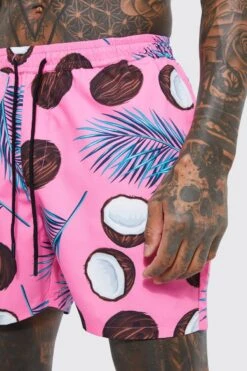 Mid Length Novelty Coconut Swim Shorts -Ocean Streetwear male pink mid length novelty coconut swim shorts 3